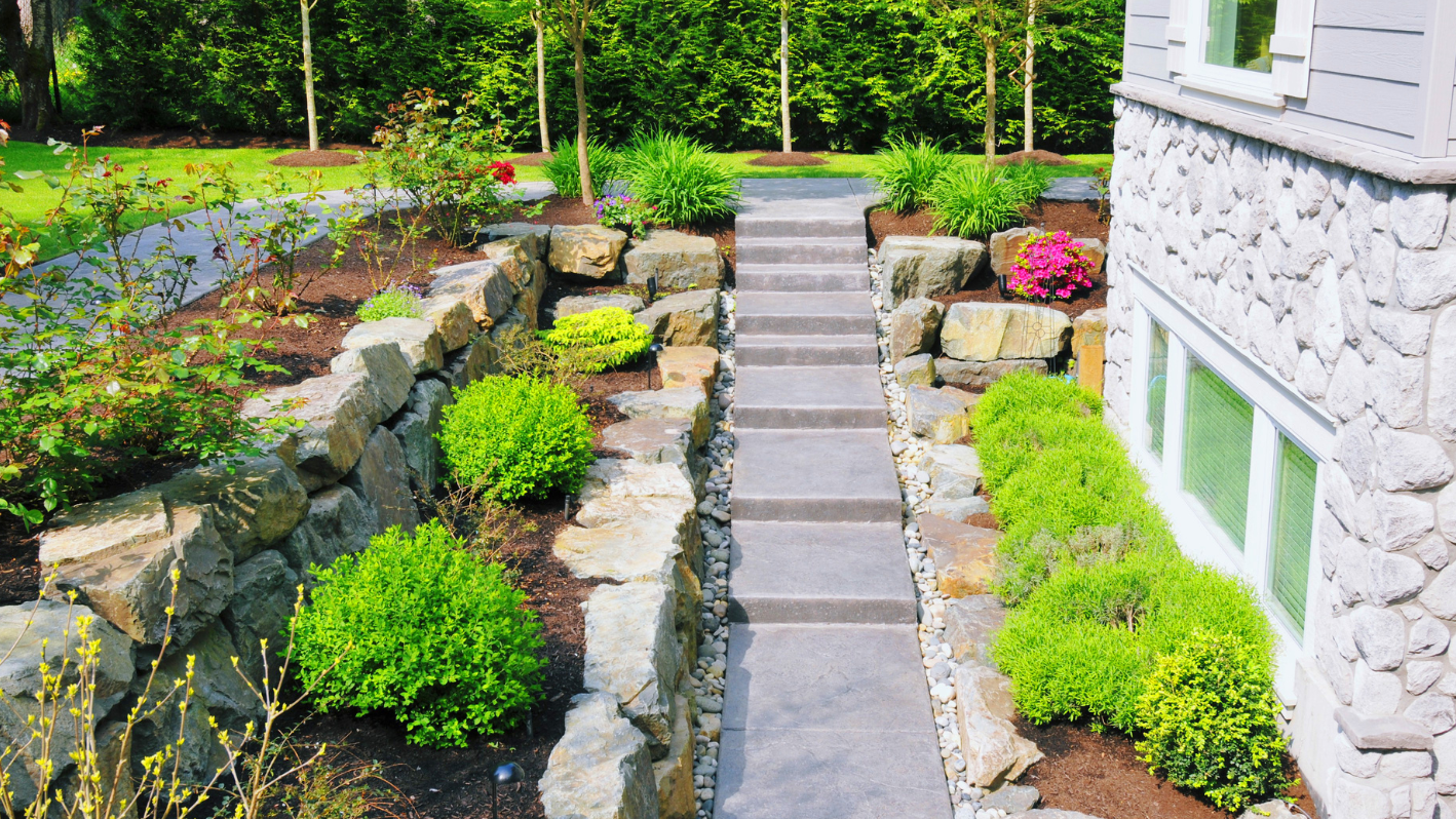 A stone house with steps leading to it