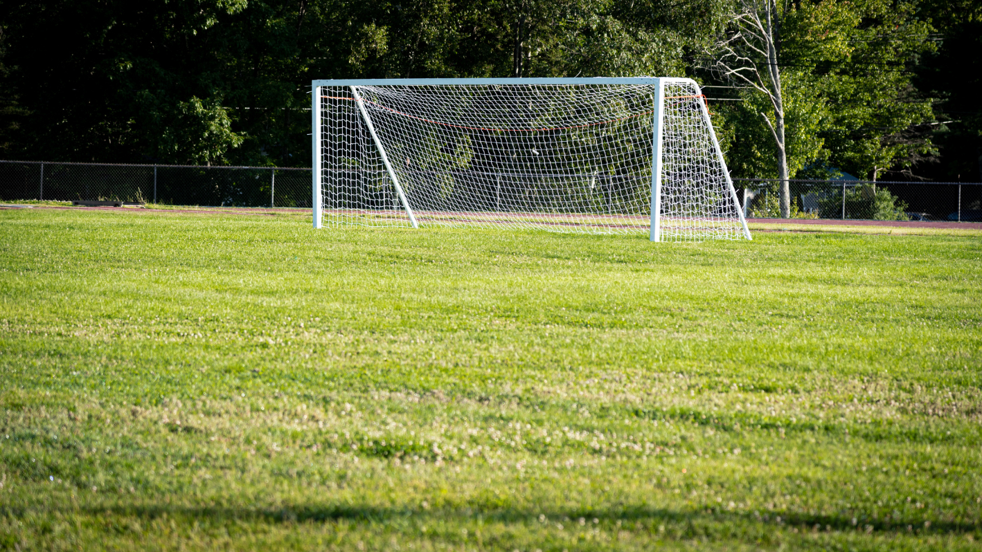 A soccer goal on a soccer field with trees in the background